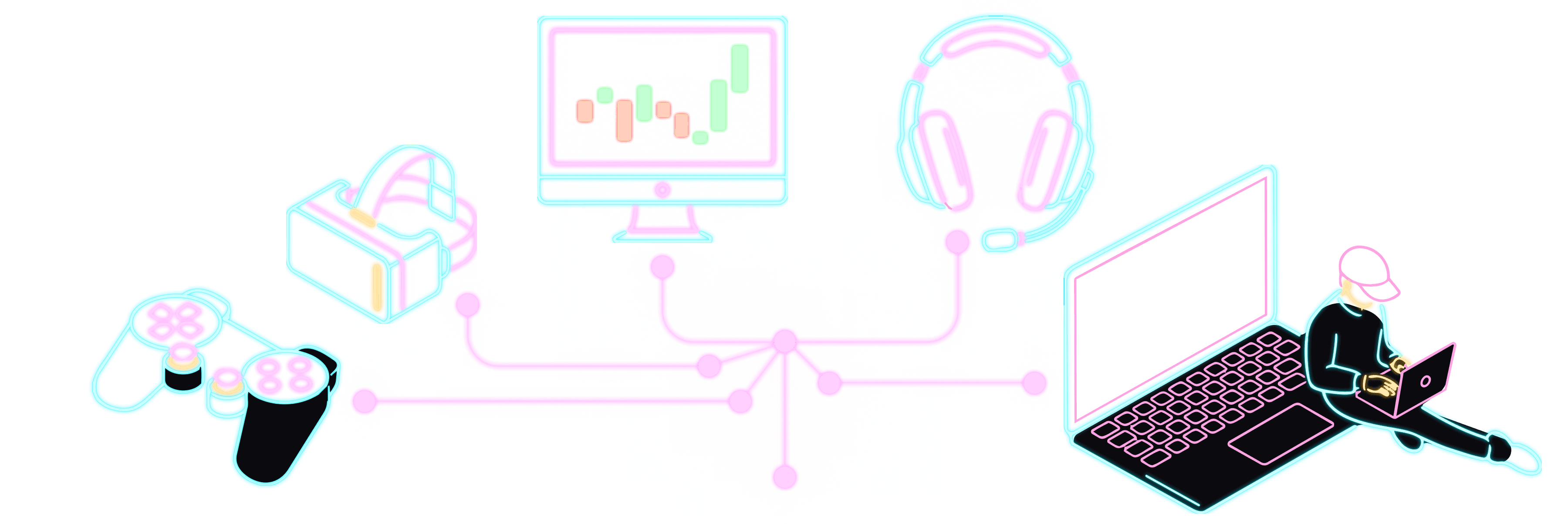 Neon line art showing game controllers, headset, market screen, and community devices